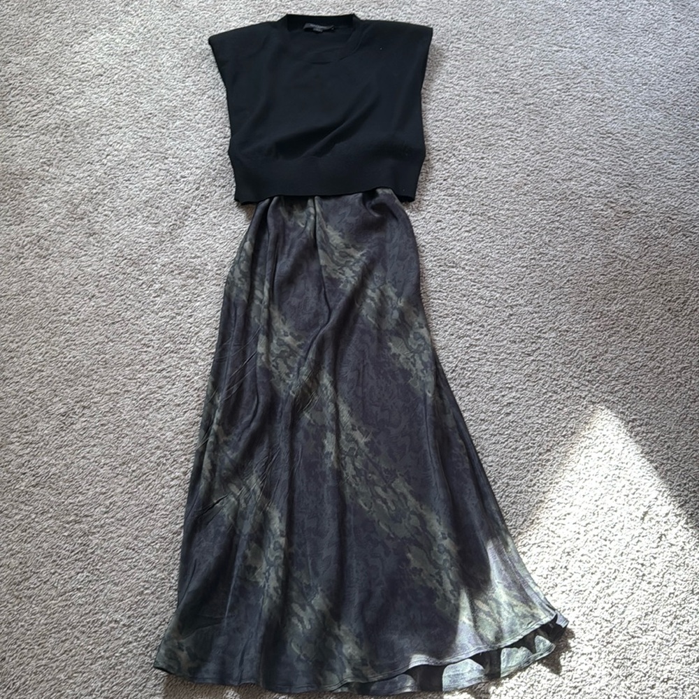 All Saints slip dress with bold shoulder sweater.
